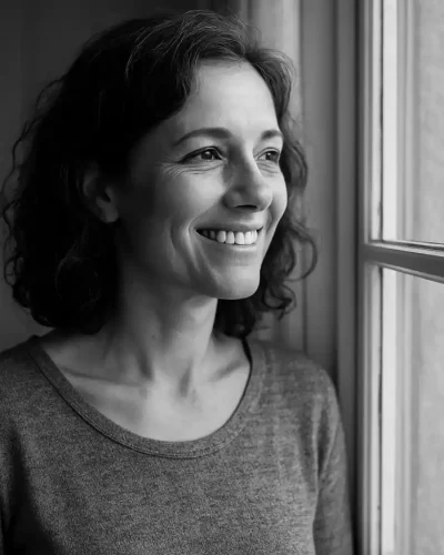 Photographie en noir et blanc d'une femme souriante regardant par la fenêtre. Elle symbolise la victoire et la renaissance après une séparation amoureuse grâce au coaching.